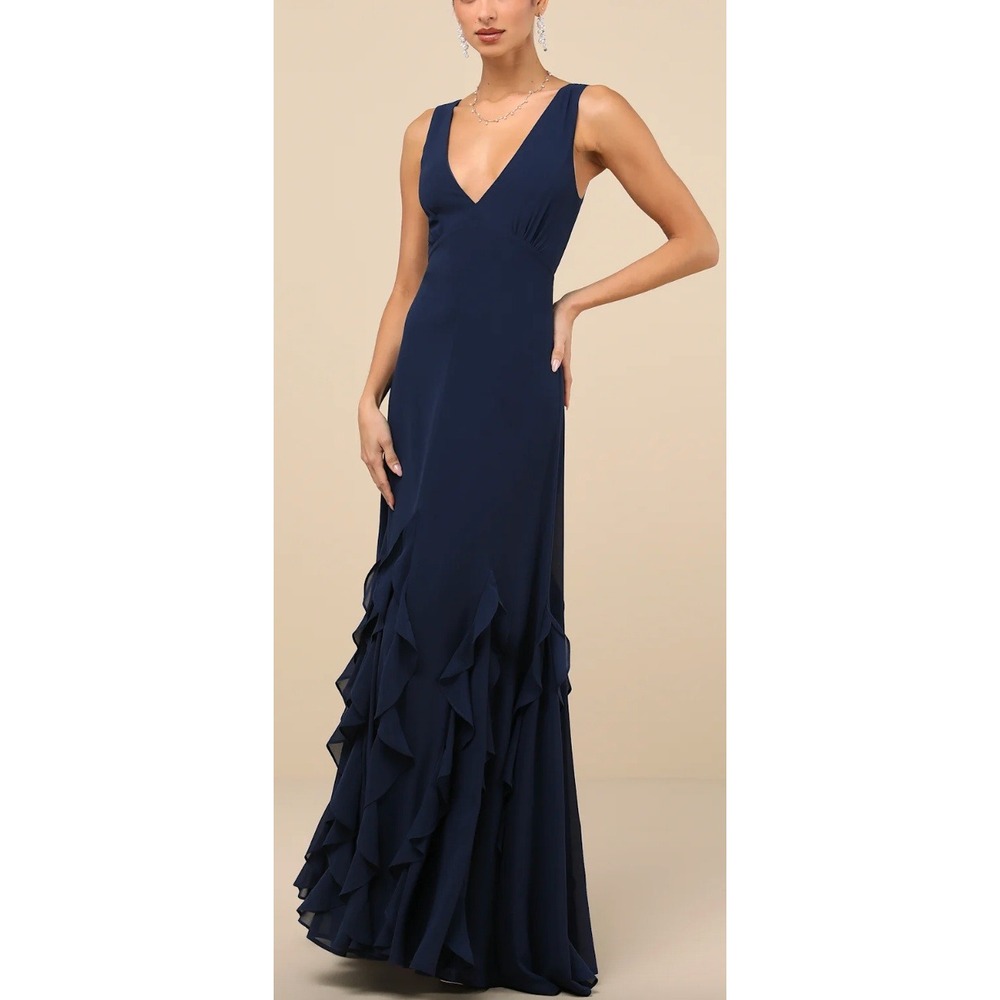NWT Lulus Alorna Dark Navy Sleeveless Ruffled Maxi Dress Sz L